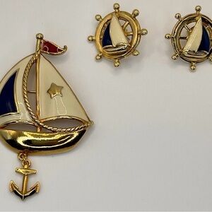 Avon Sailboat and Wheel Brooch and Earring Set Vintage